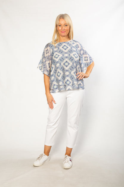 Flutter Sleeve Layered Print Top - #352 Blue