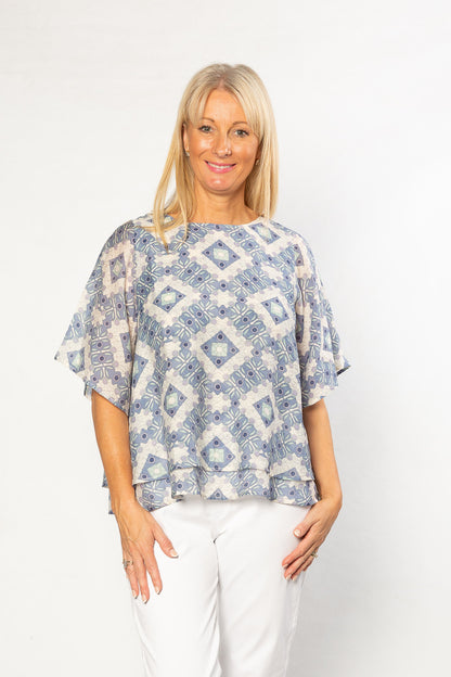 Flutter Sleeve Layered Print Top - #352 Green