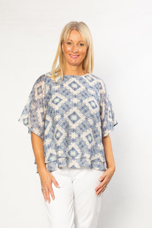 Flutter Sleeve Layered Print Top - #352 Blue