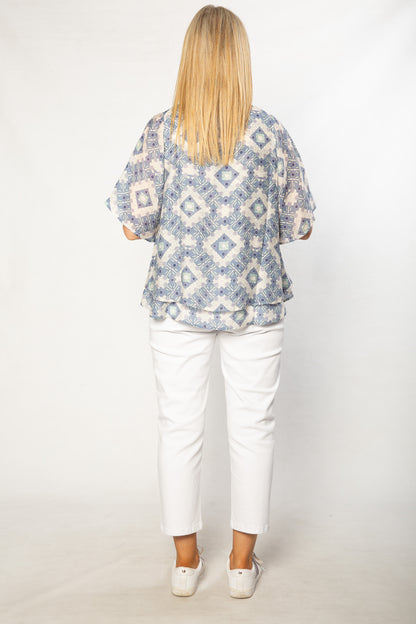 Flutter Sleeve Layered Print Top - #352 Blue
