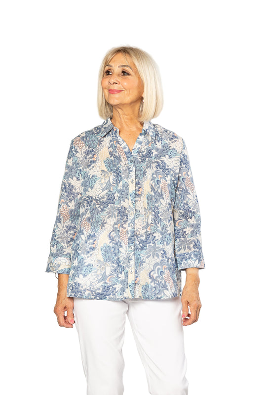 100% Cotton French Floral Print 3/4 sleeve Shirt #3321  Blue