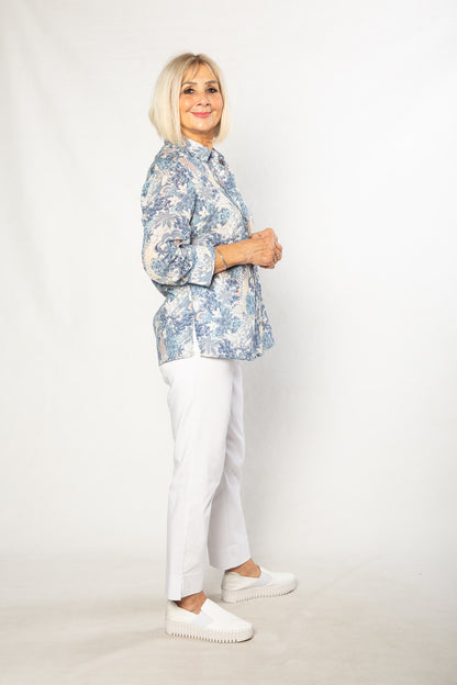 100% Cotton French Floral Print 3/4 sleeve Shirt #3321  Blue