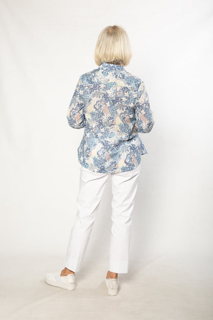 100% Cotton French Floral Print 3/4 sleeve Shirt #3321  Blue