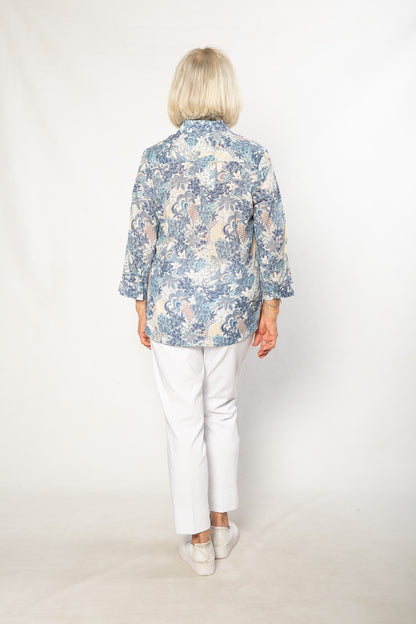 100% Cotton French Floral Print 3/4 sleeve Shirt #3321  Blue