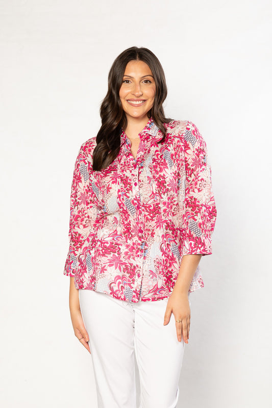 100% Cotton French Floral Print 3/4 sleeve Shirt #3321  Pink