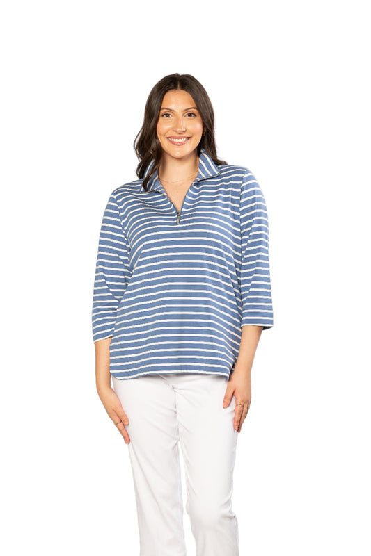 Half-zip Yarn dyed Stripe Polo Top #232 - Blue