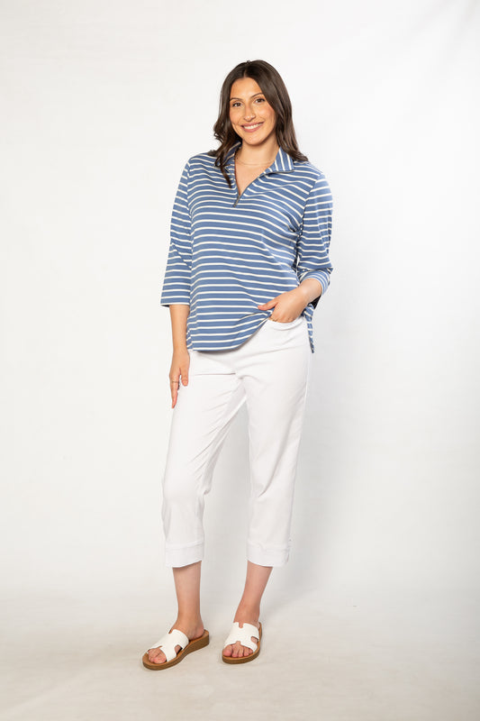Half-zip Yarn dyed Stripe Polo Top #232 - Blue