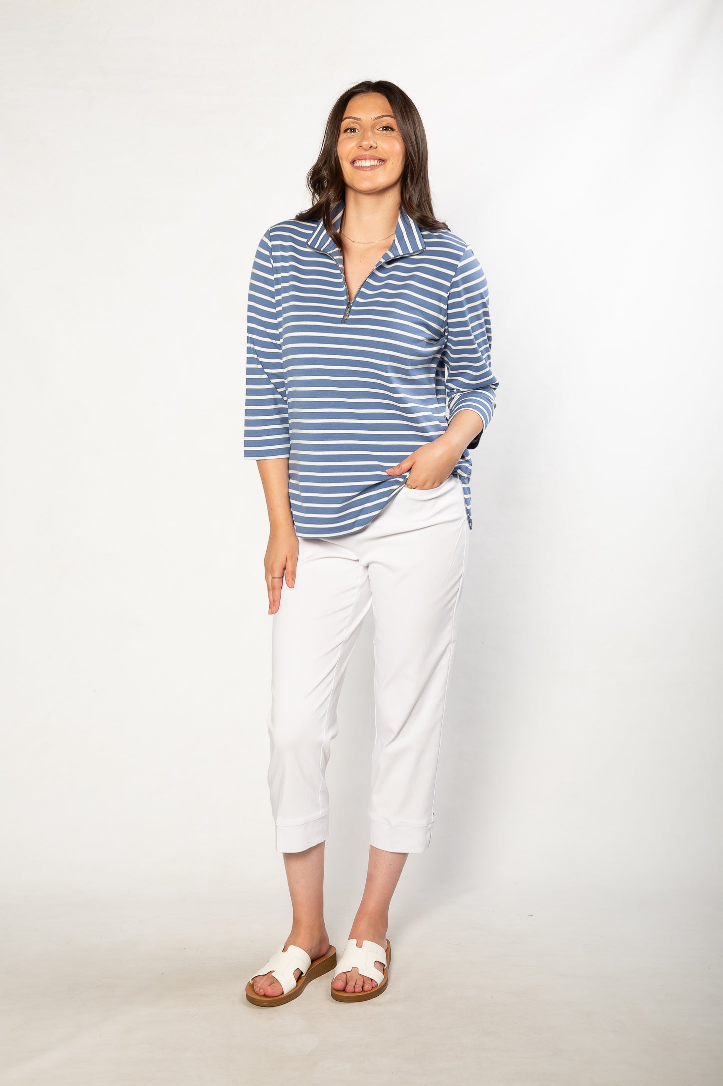 Half-zip Yarn dyed Stripe Polo Top #232 - Blue