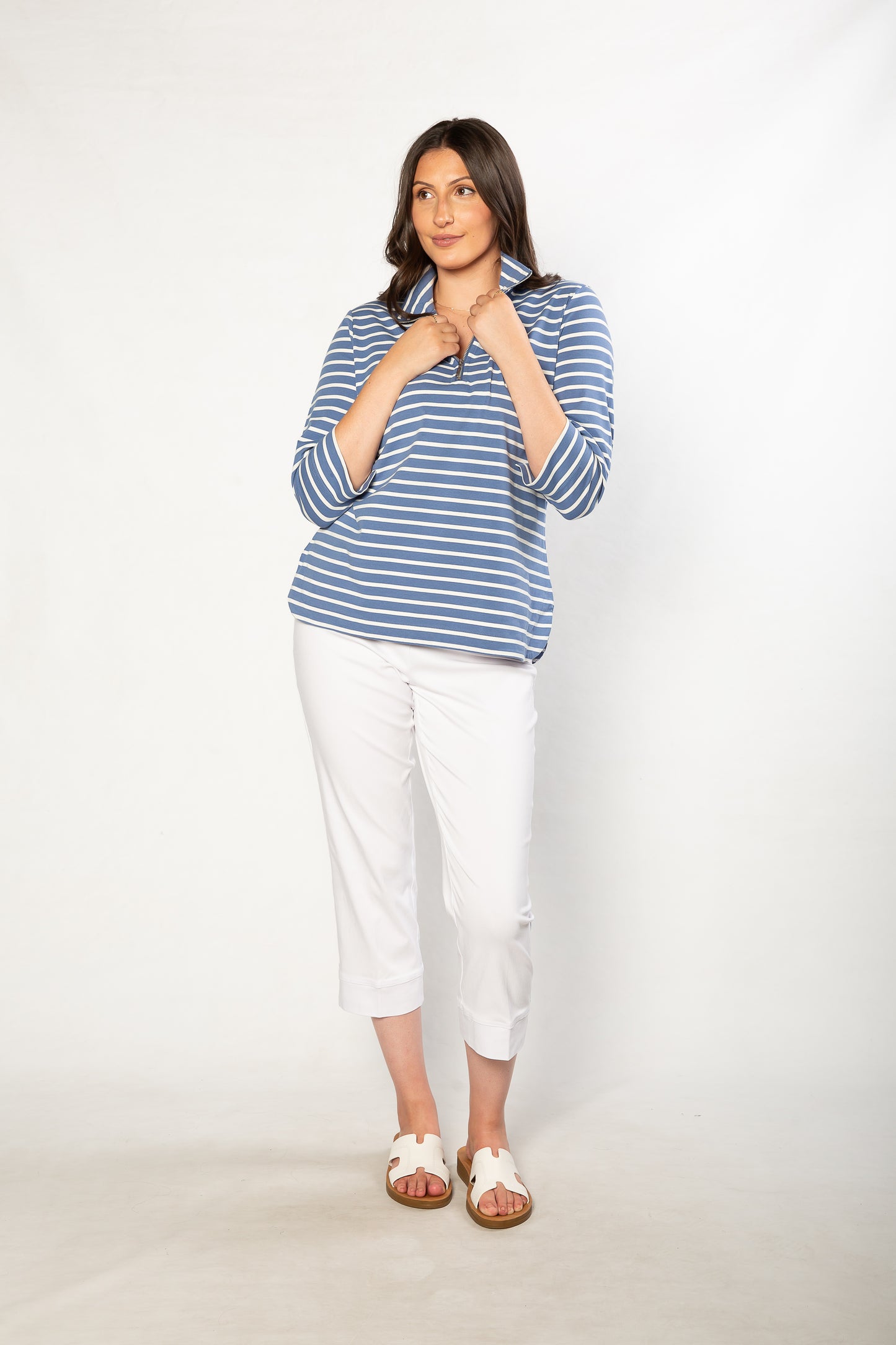 Half-zip Yarn dyed Stripe Polo Top #232 - Blue