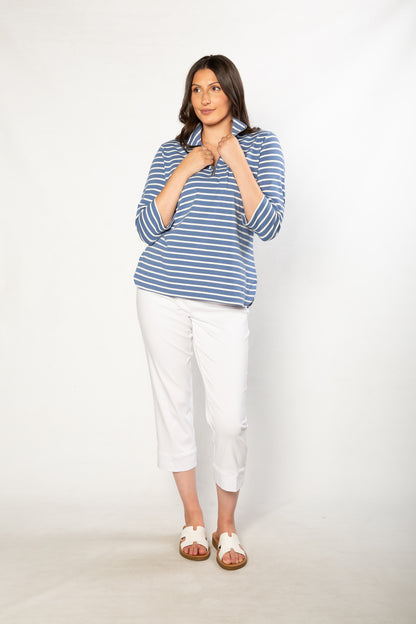 Half-zip Yarn dyed Stripe Polo Top #232 - Blue