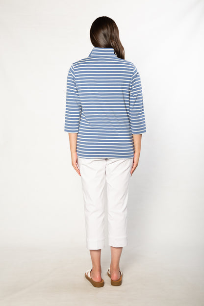 Half-zip Yarn dyed Stripe Polo Top #232 - Blue