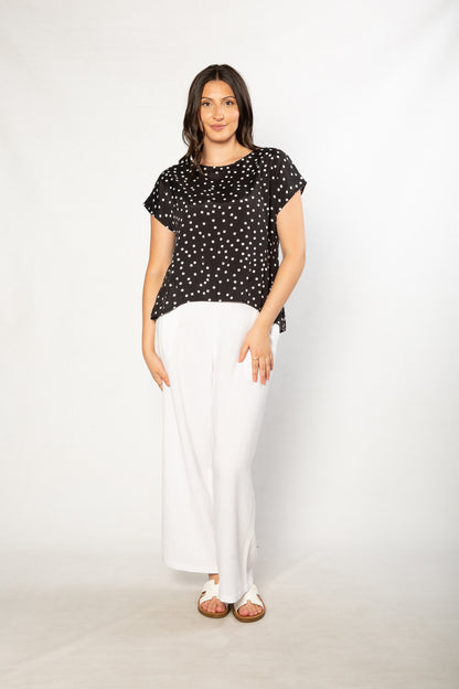 Spot Print  Cap sleeve Top with curved hem and notch neck - #616 Black/White