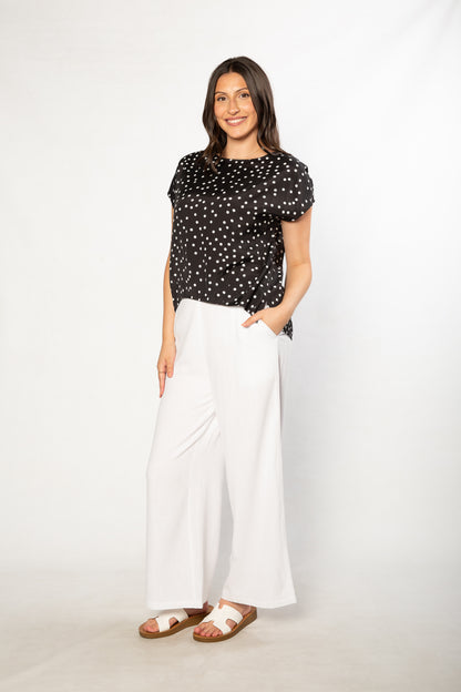 Spot Print  Cap sleeve Top with curved hem and notch neck - #616 Black/White