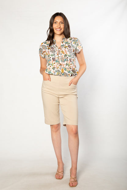 Mandarin Collar Cap Sleeve Pop-over Printed Top - 327 Multi