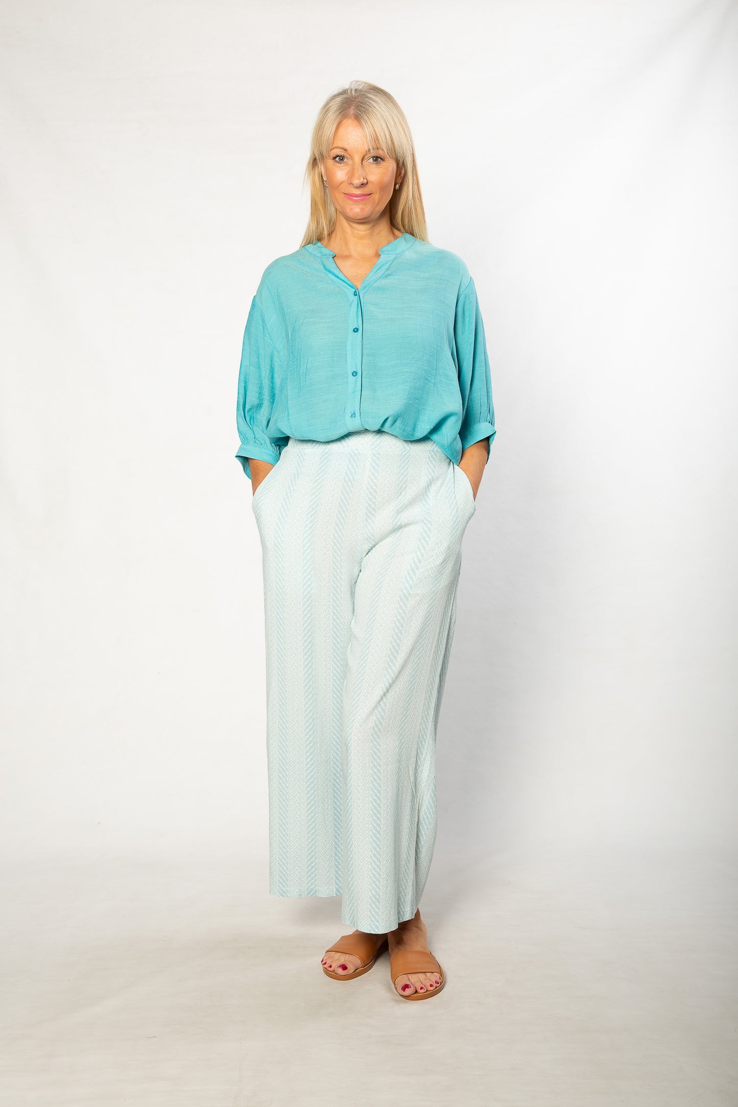 Hi-Low Hem Drop Neck Half sleeve bouse #3562 Blue