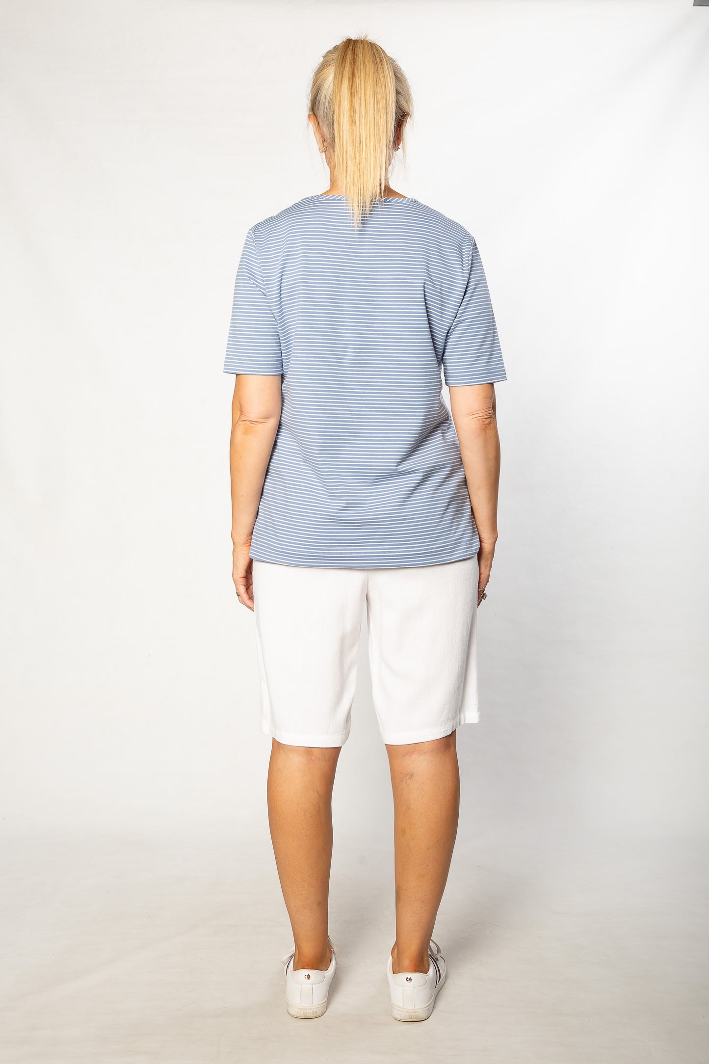 Stretch Short Sleeve round neck Yarn Dyed Stripe T-Shirt #147 - Blue/White