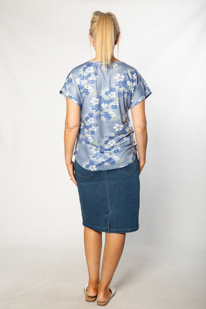 Silky Jersey Floral Print Stretch Short Sleeve T-Shirt #196 - Blue/Green