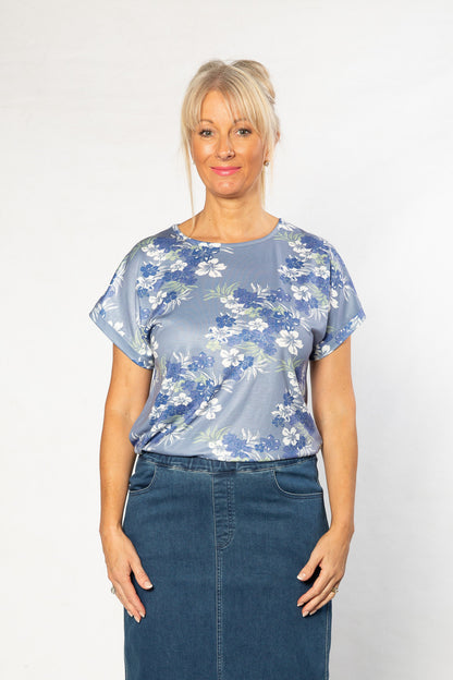 Silky Jersey Floral Print Stretch Short Sleeve T-Shirt #196 - Blue/Green