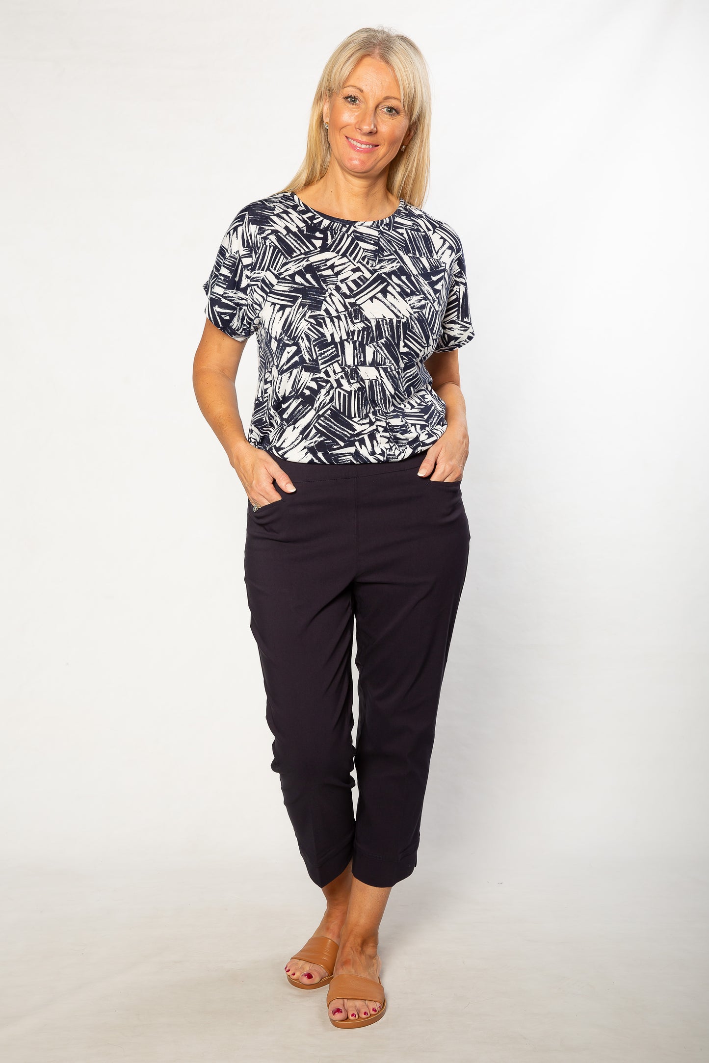 Graphic Print Stretch Short Sleeve T-Shirt #184 - Navy/White