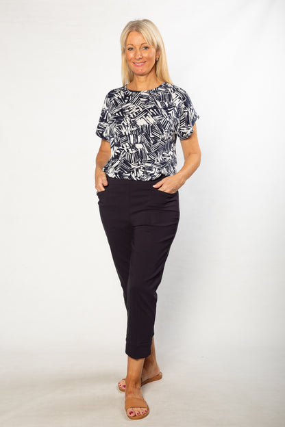 Graphic Print Stretch Short Sleeve T-Shirt #184 - Navy/White