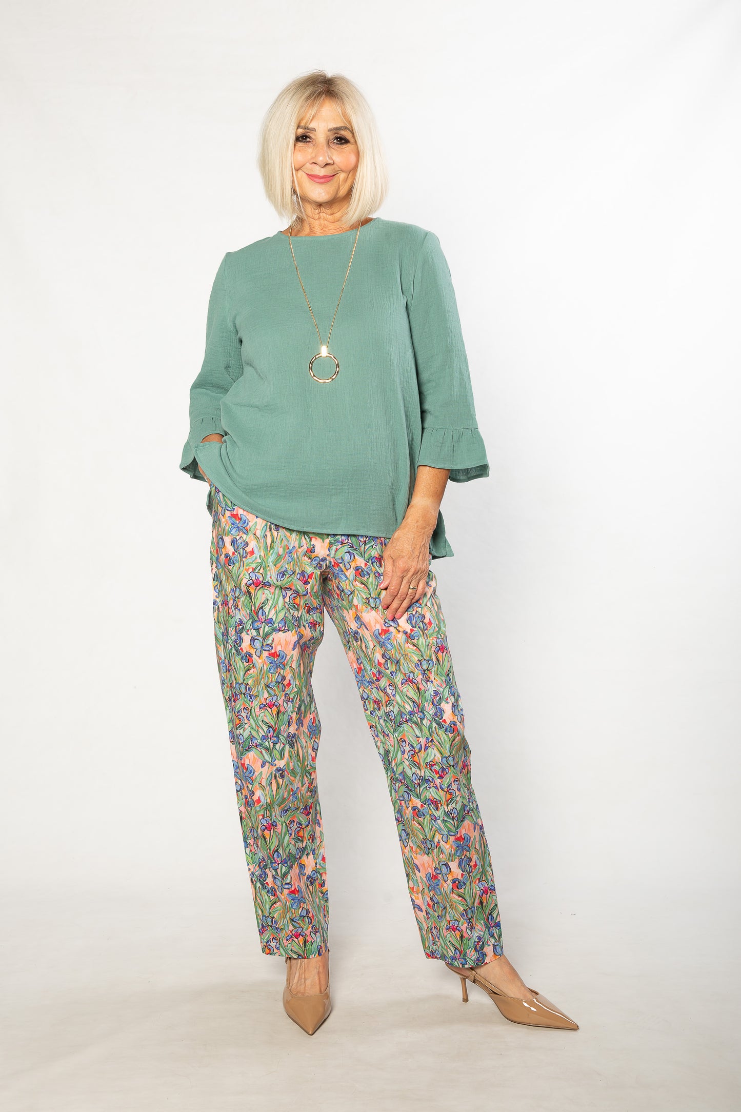 Pure Cotton Iris Print pants with slant pockets and Elastic waist #6605 Iris