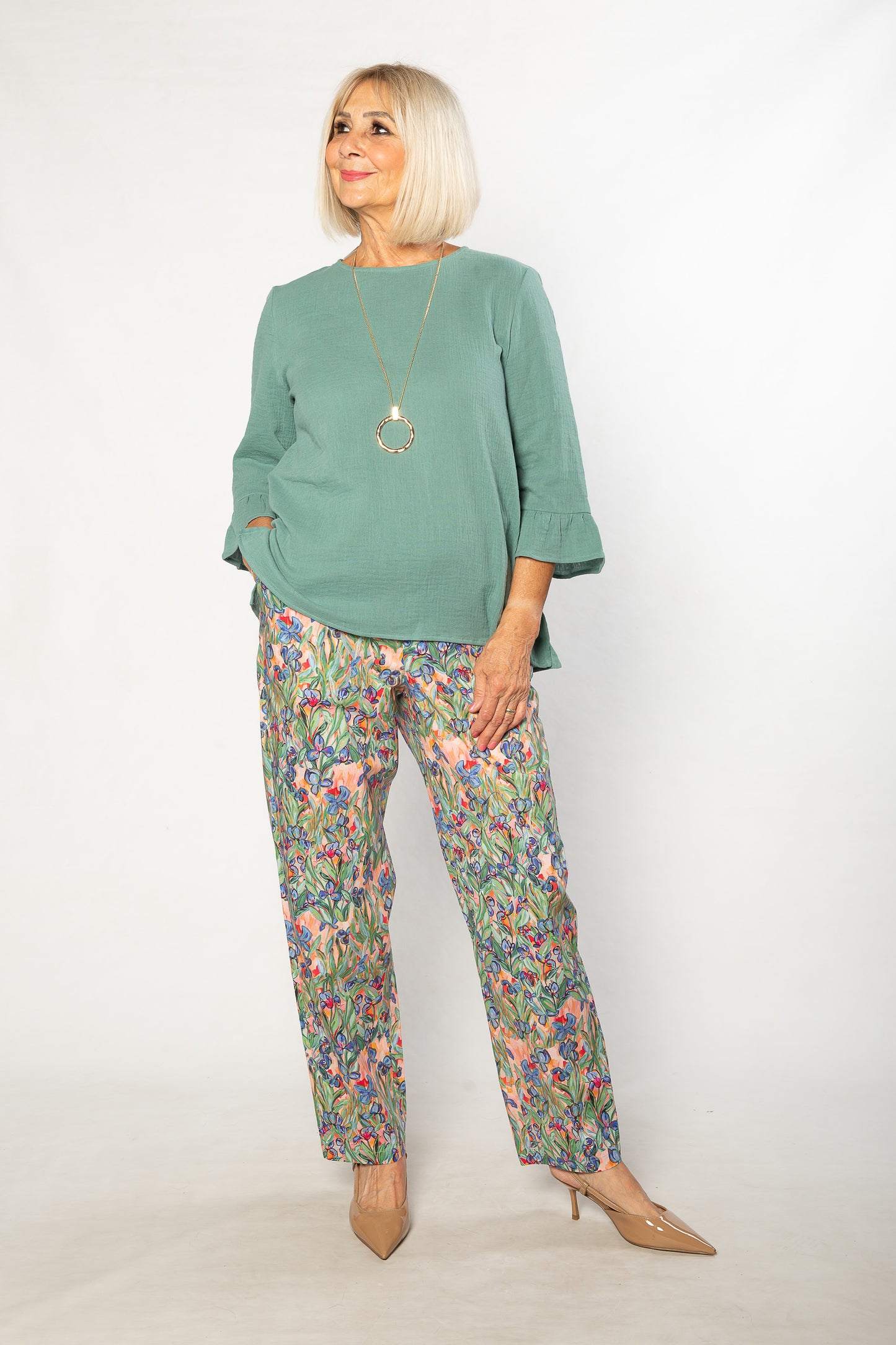 Pure Cotton Iris Print pants with slant pockets and Elastic waist #6605 Iris