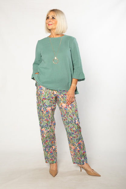 Pure Cotton Iris Print pants with slant pockets and Elastic waist #6605 Iris