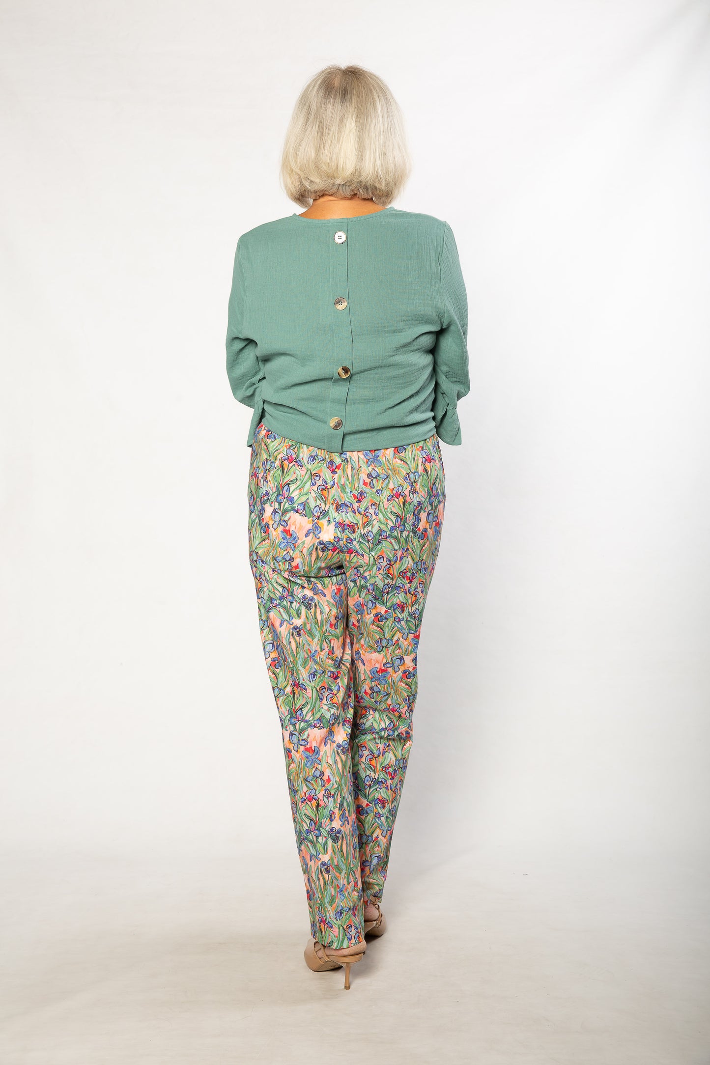 Pure Cotton Iris Print pants with slant pockets and Elastic waist #6605 Iris