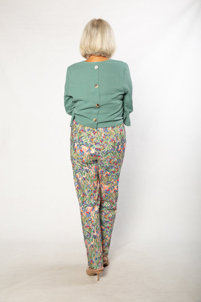 Pure Cotton Iris Print pants with slant pockets and Elastic waist #6605 Iris