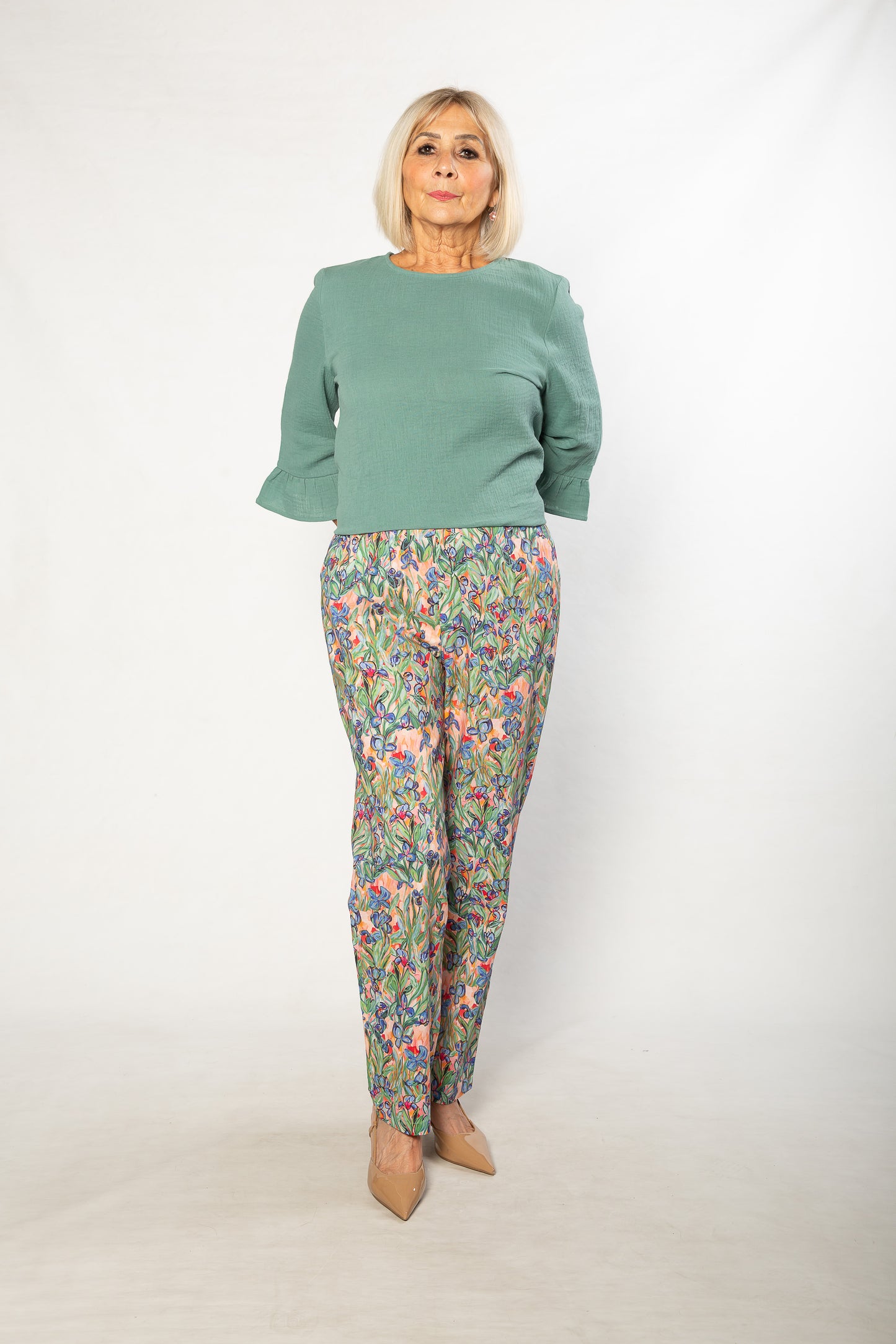 Pure Cotton Iris Print pants with slant pockets and Elastic waist #6605 Iris