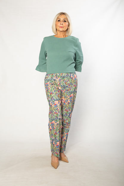 Pure Cotton Iris Print pants with slant pockets and Elastic waist #6605 Iris