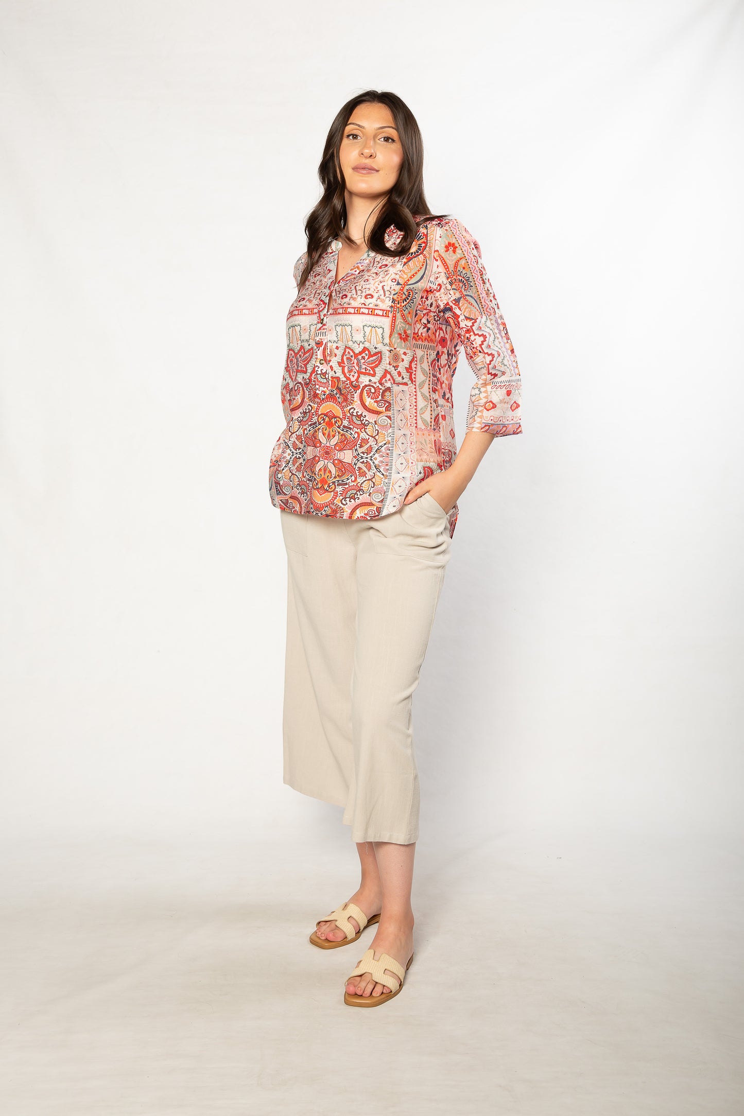 Mediterranean Print 3/4 Sleeve Henley Shirt 506 Red