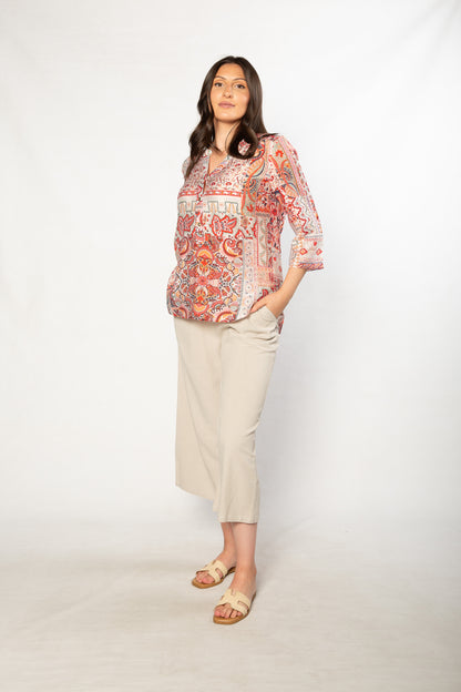 Mediterranean Print 3/4 Sleeve Henley Shirt 506 Red