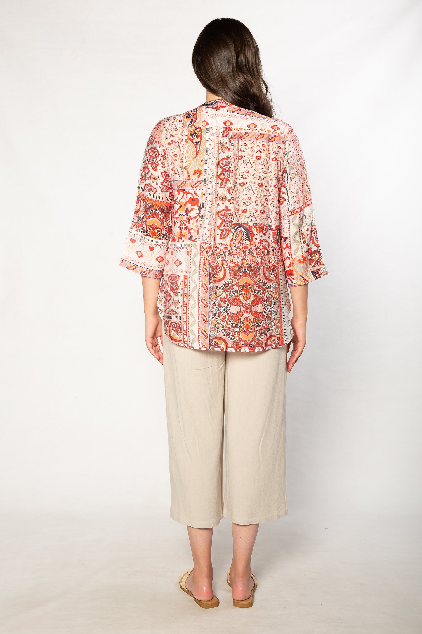 Mediterranean Print 3/4 Sleeve Henley Shirt 506 Red
