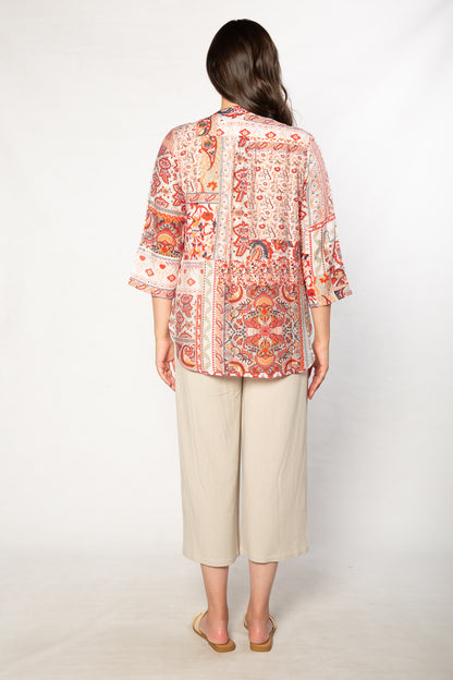 Mediterranean Print 3/4 Sleeve Henley Shirt 506 Red