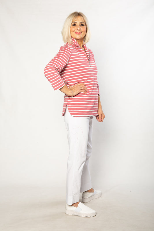 Half-zip Yarn dyed Stripe Polo Top #232 - Pink