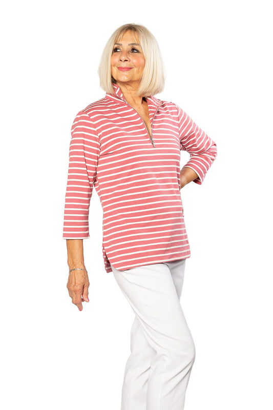 Half-zip Yarn dyed Stripe Polo Top #232 - Pink