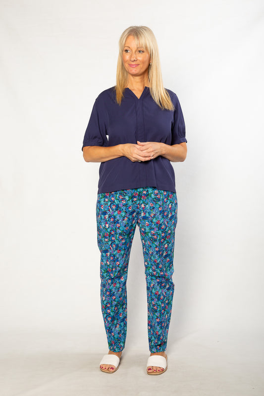 Soft Tencel Blend Pop Over Top with Fagotting Detail #515 Navy