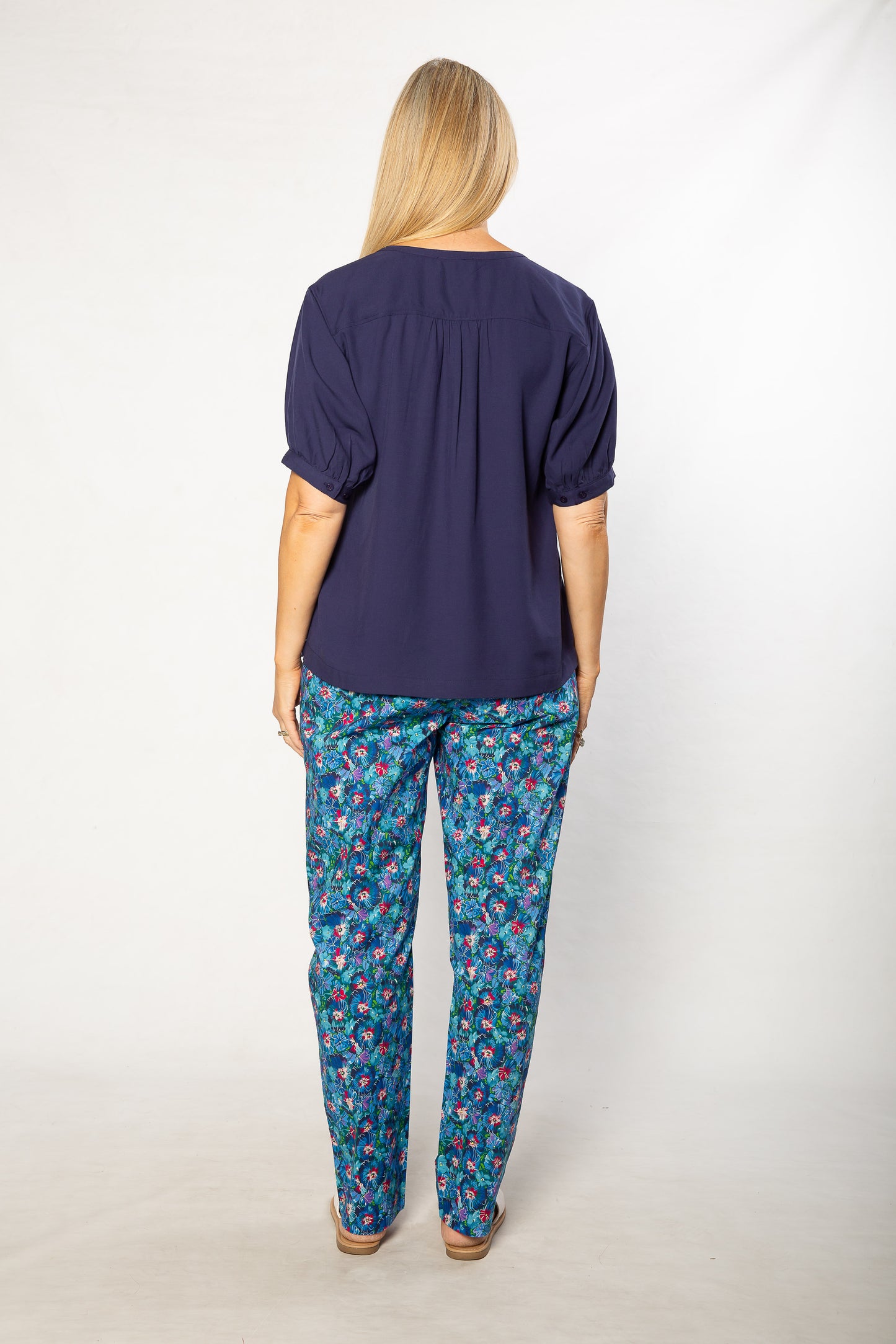 Soft Tencel Blend Pop Over Top with Fagotting Detail #515 Navy