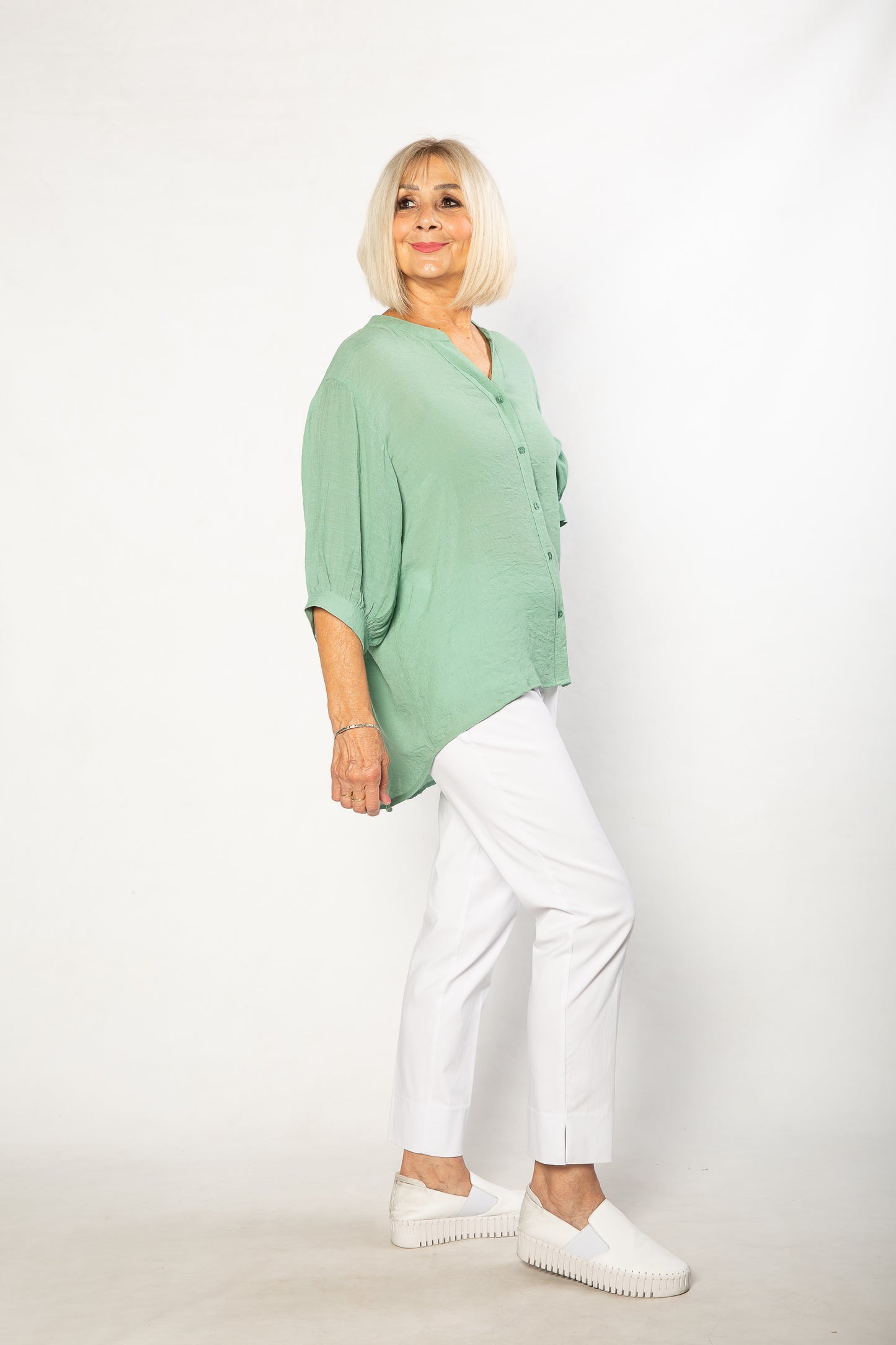 Hi-Low Hem Drop Neck Half sleeve bouse #3562 Sage