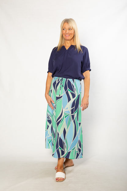 Soft Tencel Blend Pop Over Top with Fagotting Detail #515 Navy