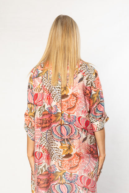 Soft Gorgeous Floral print Tab Sleeve Overshirt #3559 Pink