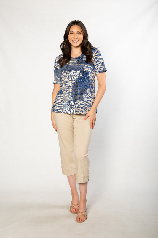 Printed Stretch Short Sleeve T-Shirt #159 - Blue/Sand
