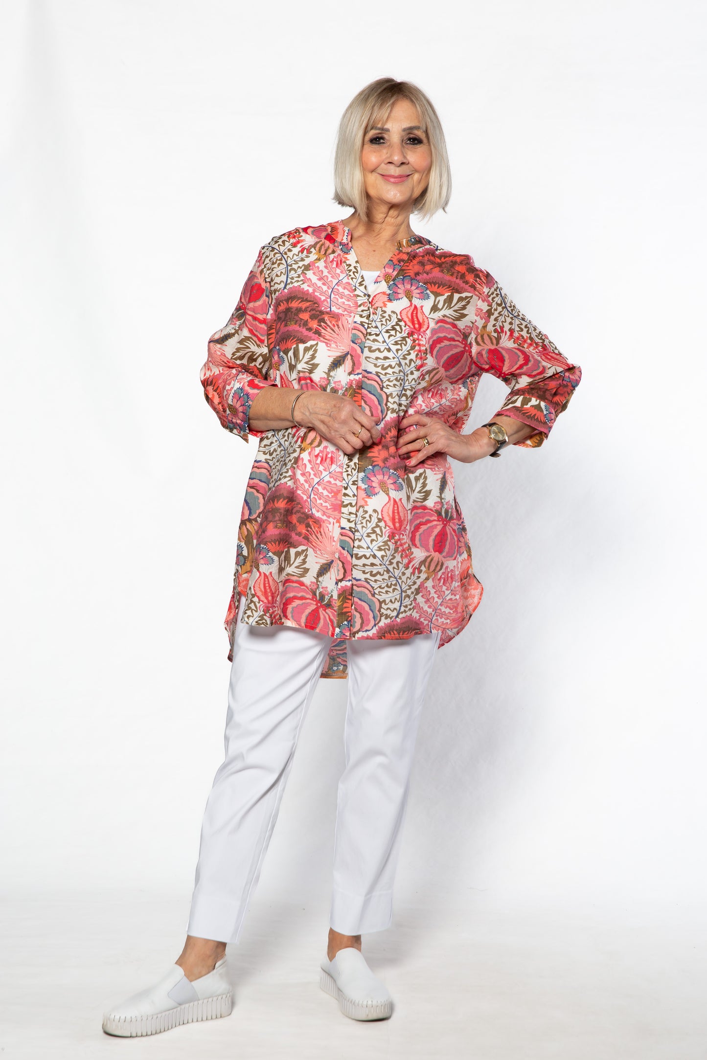 Soft Gorgeous Floral print Tab Sleeve Overshirt #3559 Pink