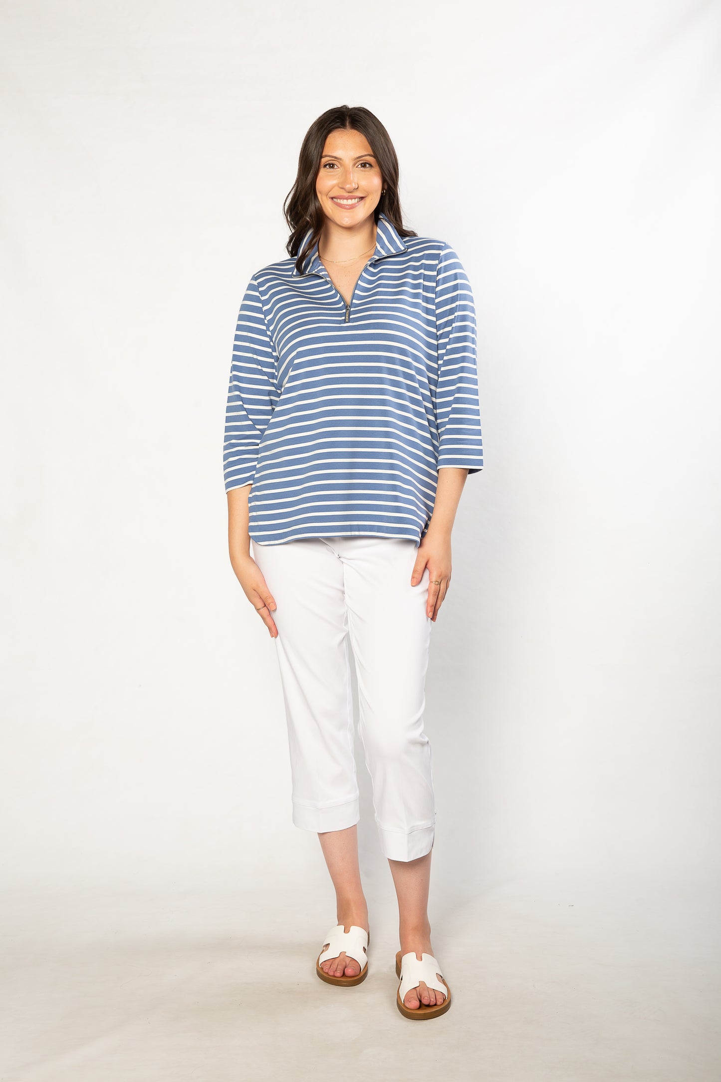 Half-zip Yarn dyed Stripe Polo Top #232 - Blue