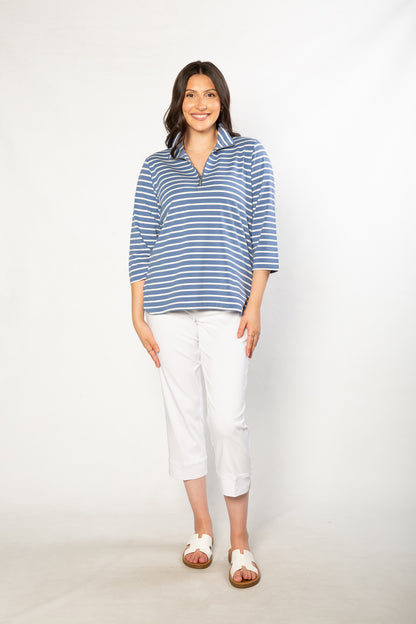 Half-zip Yarn dyed Stripe Polo Top #232 - Blue