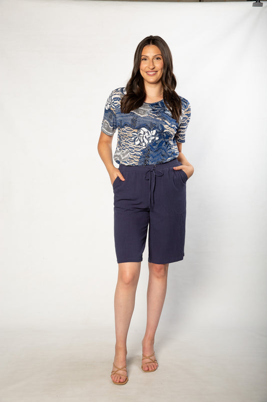 Relaxed Fit Linen Blend Pull on knee length shorts #6080 Navy