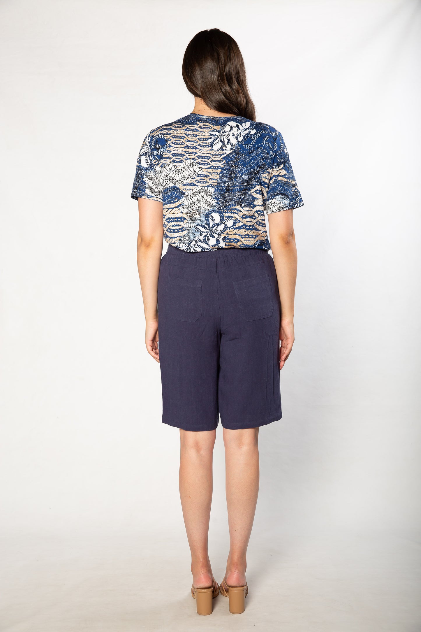 Relaxed Fit Linen Blend Pull on knee length shorts #6080 Navy