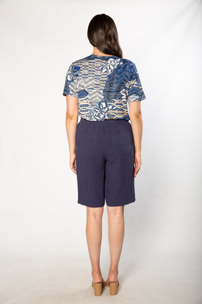 Relaxed Fit Linen Blend Pull on knee length shorts #6080 Navy