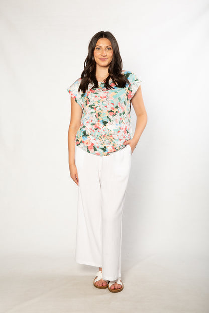 Spring Bouquet Print Extended Shoulder Top - #402